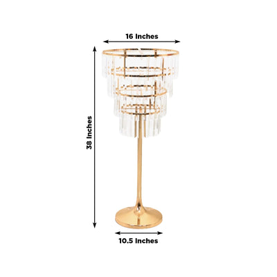 38’’ Crystal Pendant 4-Tier Table Centerpiece Chandelier â€“ Gold Metal Vase Stand with Round Frame & Base Hanging
