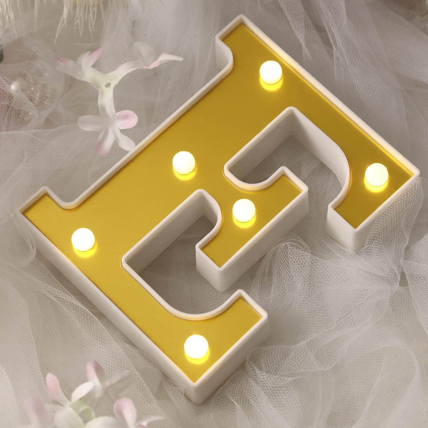 3D Marquee Letter "E" Warm White 6 LED Lights Gold - Chic Light-Up Decor for Events 6"