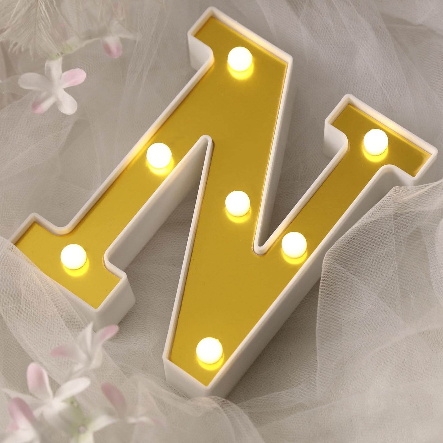 3D Marquee Letter "N" Warm White 7 LED Lights Gold - Chic Light-Up Decor for Events 6"