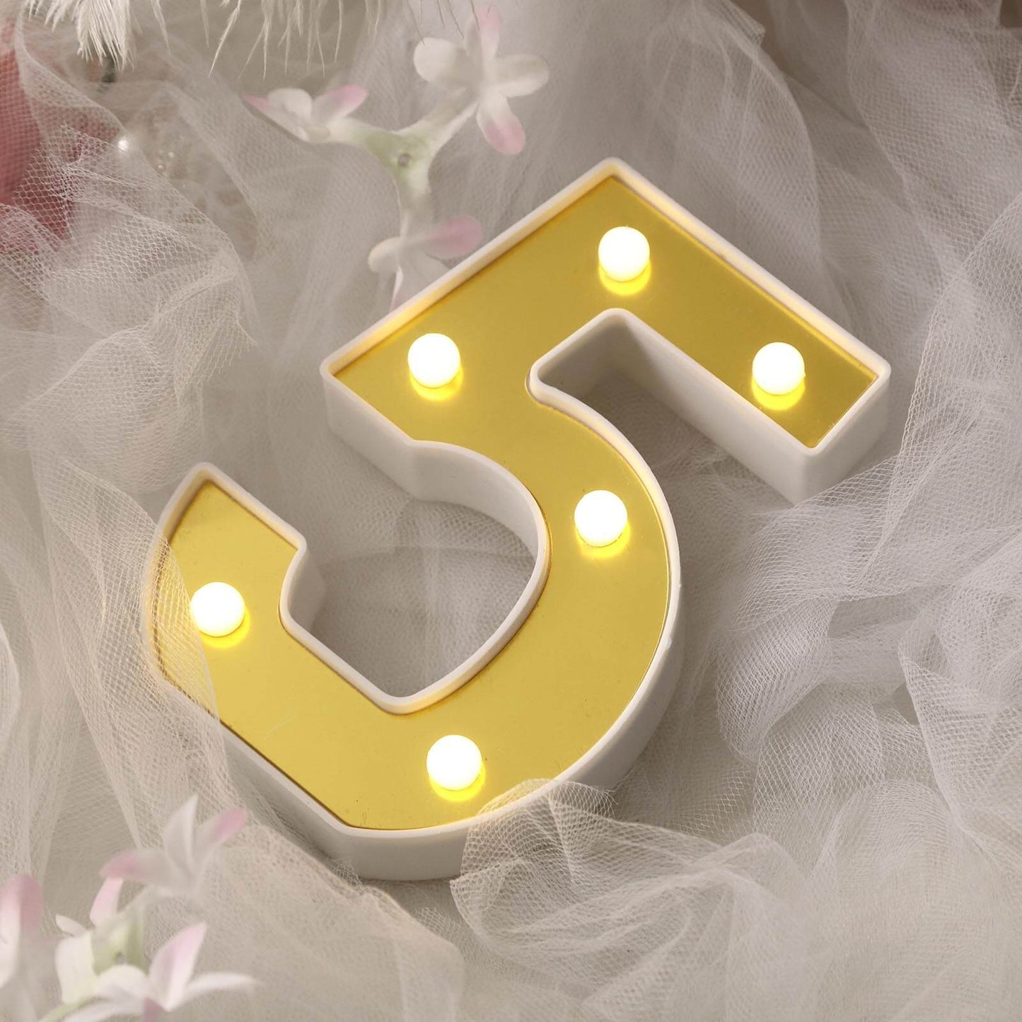 3D Marquee Number "5" Warm White 6 LED Lights Gold - Stylish Light-Up Accent for Events 6"