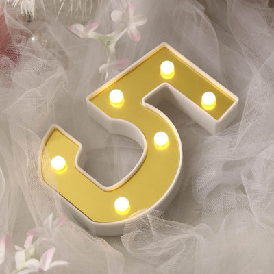 3D Marquee Number "5" Warm White 6 LED Lights Gold - Stylish Light-Up Accent for Events 6"