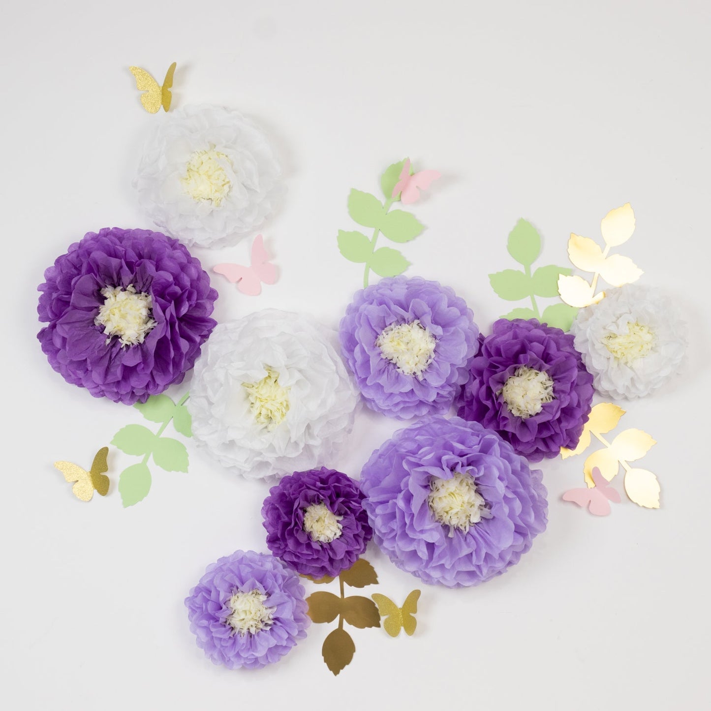 Set of 21 Tissue Paper Flowers Pom Poms Decor Kit â€“ White Purple 3D Chrysanth Floral Wall Decor with Butterflies & Olive Leaves - 8",10",12"