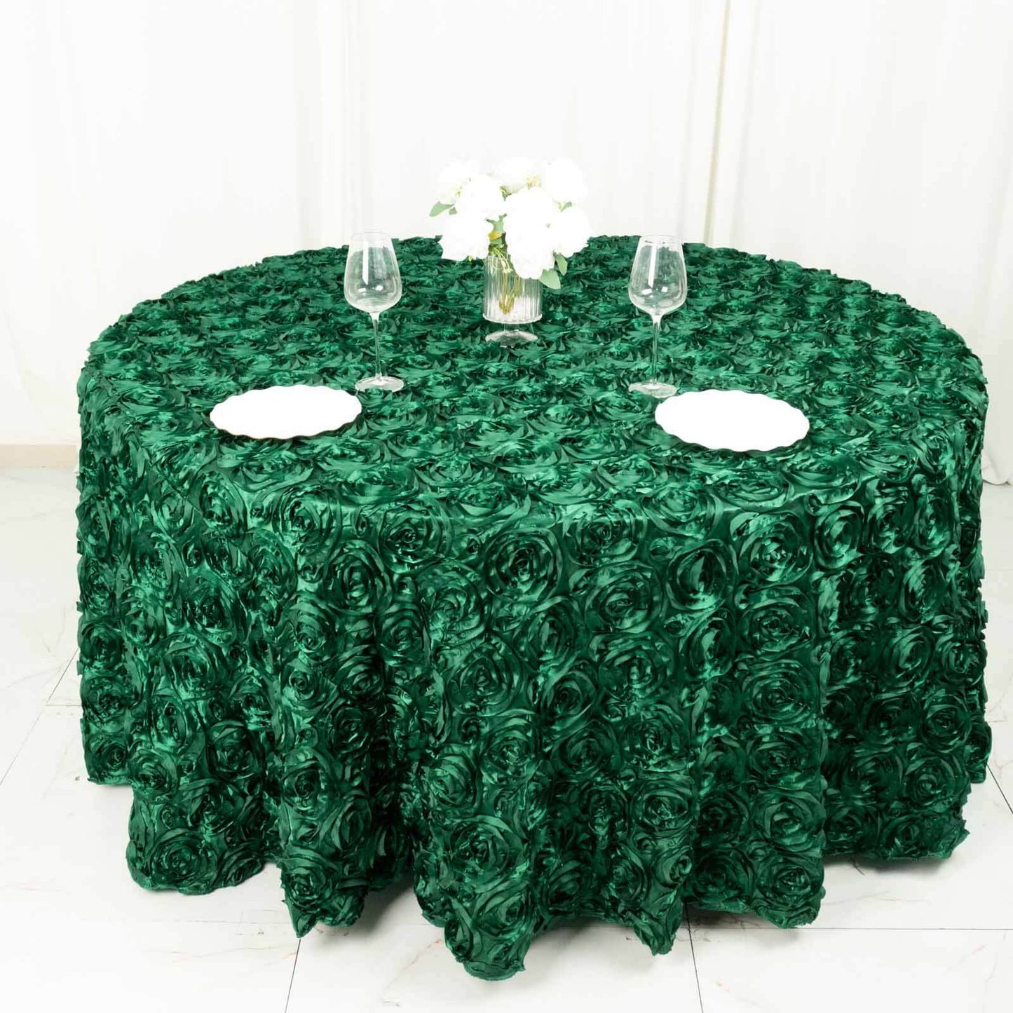 Satin 120" Round Tablecloth Hunter Emerald Green - Grandiose 3D Rosette with Seamless Finish Table Cover