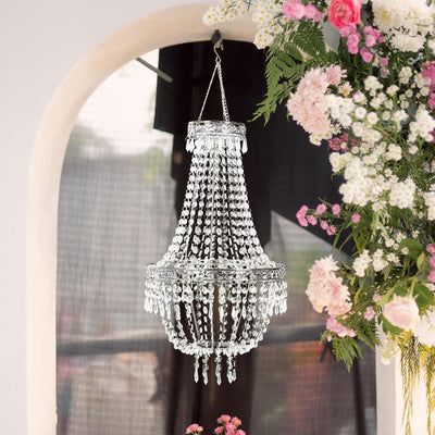 3ft Empire Style Beaded Crystal Chandelier with Silver Ornate Metal Frame Adjustable Hanging Farmhouse Pendant Ceiling
