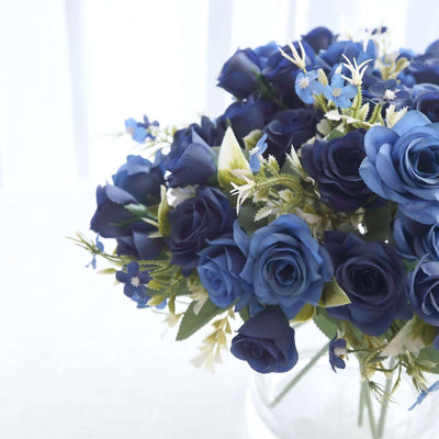 4 Bushes 12’’ Navy Blue Real Touch Artificial Silk Rose Flower Bouquet Faux Bridal Flowers - Silk Flowers