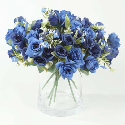 4 Bushes 12’’ Navy Blue Real Touch Artificial Silk Rose Flower Bouquet Faux Bridal Flowers - Silk Flowers
