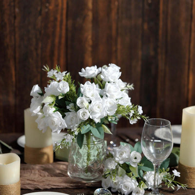 4 Bushes 12’’ White Real Touch Artificial Silk Rose Flower Bouquet Faux Bridal Flowers - Silk Flowers