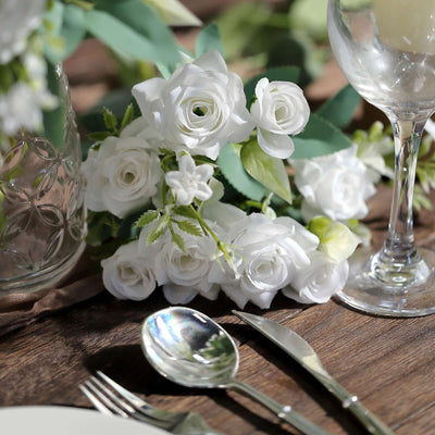 4 Bushes 12’’ White Real Touch Artificial Silk Rose Flower Bouquet Faux Bridal Flowers - Silk Flowers