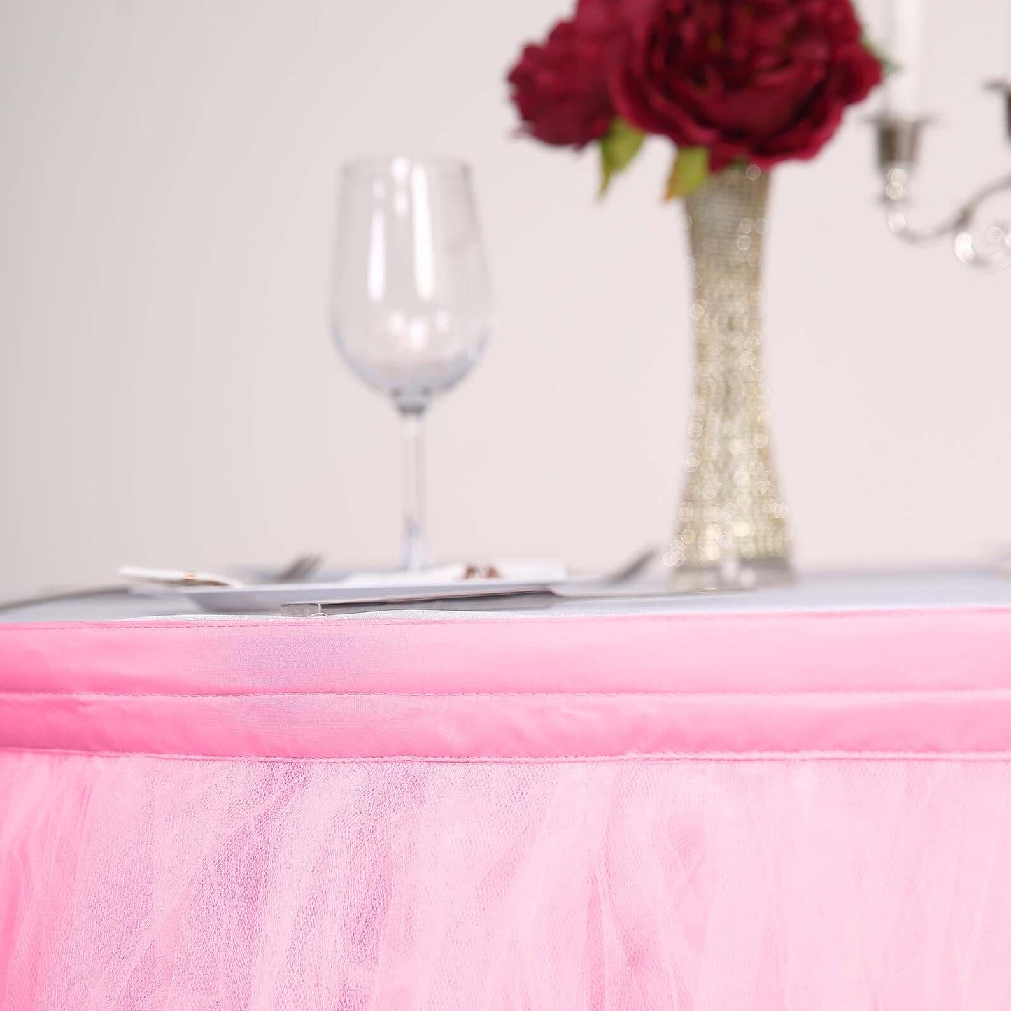 Tulle 21ft Table Skirt Pink/Rose Quartz - 4 Layer Pleated Tutu Table Cover