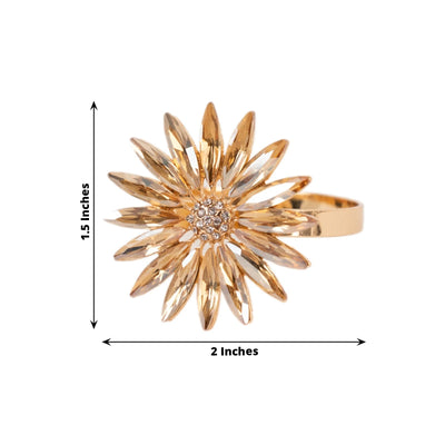 4 Pack Amber Gold Daisy Floral Metal Napkin Holders with Rhinestone Accents Decorative Napkin Rings - 2’’ - Napkins