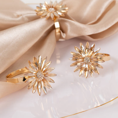 4 Pack Amber Gold Daisy Floral Metal Napkin Holders with Rhinestone Accents Decorative Napkin Rings - 2’’ - Napkins