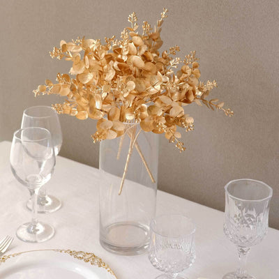 4-Pack Artificial Eucalyptus Leaves Decor Metallic Gold - Vibrant Faux Plant Spray Bush for Bridal Bouquets Floral