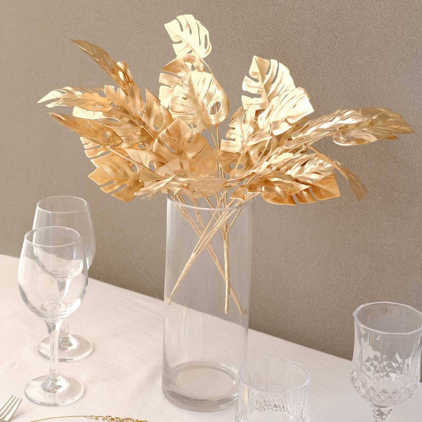 4-Pack Artificial Monstera Leaves Bushes Metallic Gold - Themed Weddings Parties & Events 14"