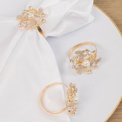 4 Pack Gold Metal Butterfly Napkin Rings with Pearl and Rhinestone Accents Elegant Table Decoration for Weddings Events