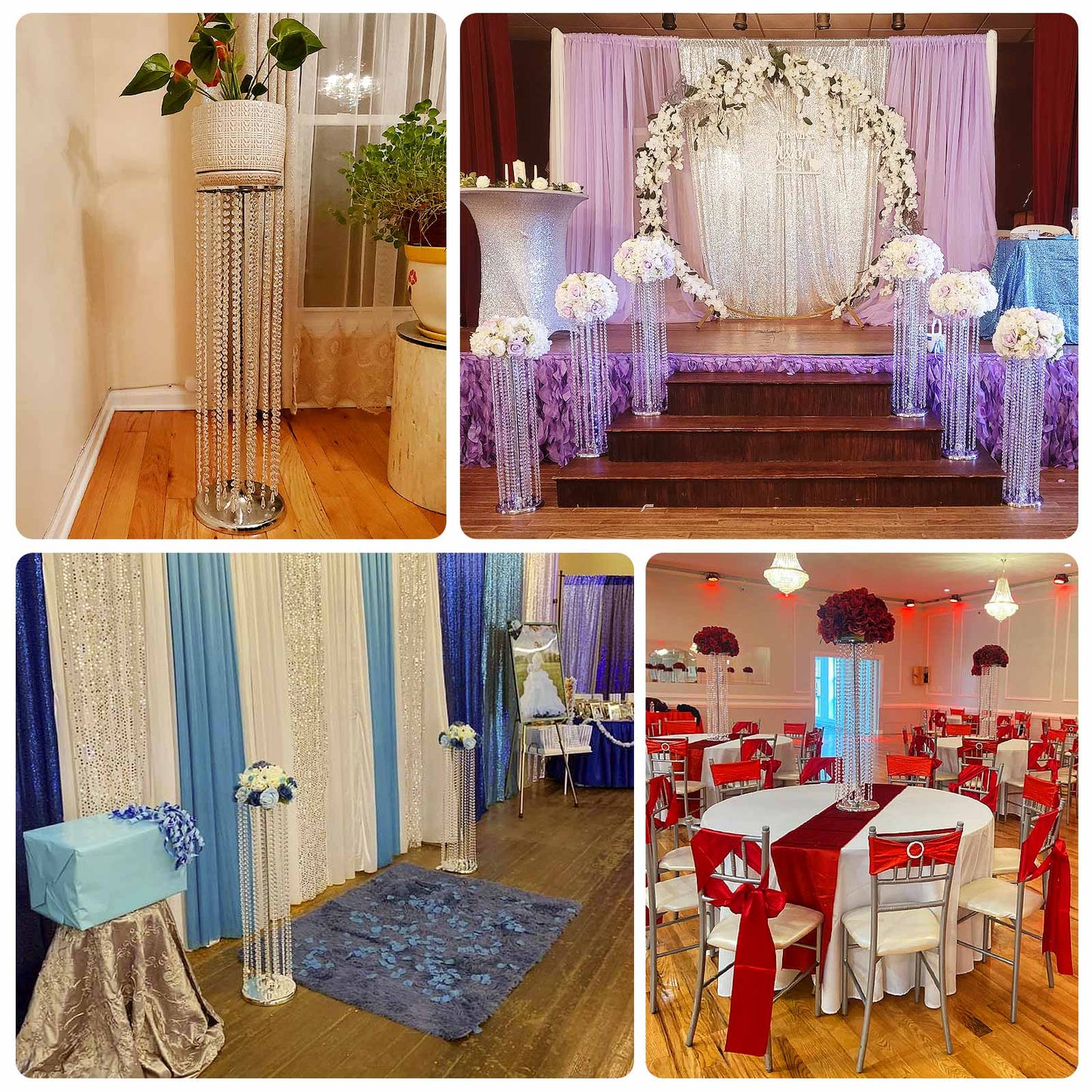 4-Pack Gold Metal Flower Stand Vases with Hanging Crystal Beads â€“ 32’’ Tall Decorative Column Centerpieces for Events