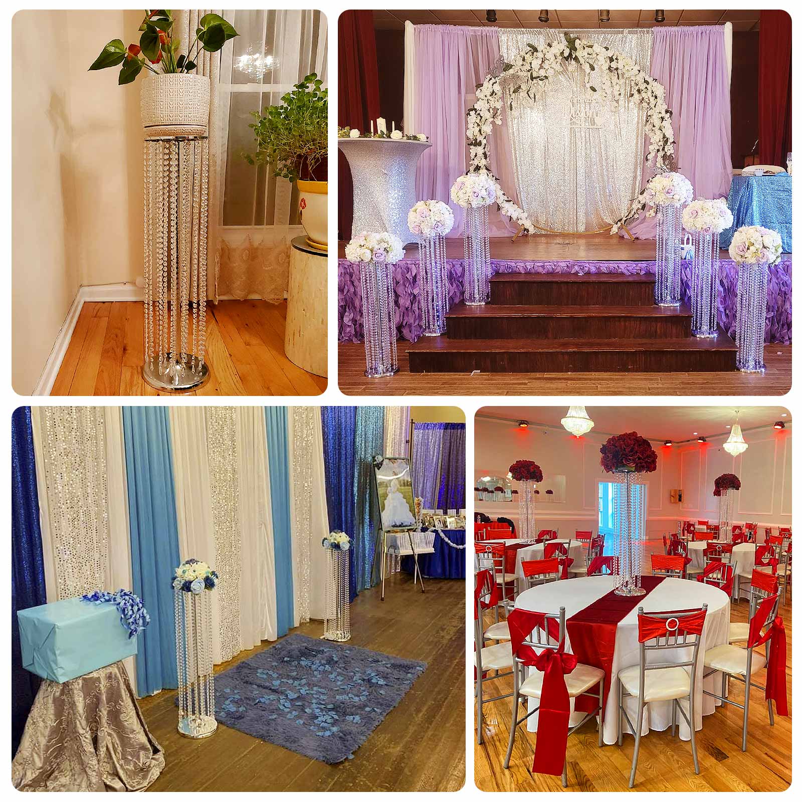 4-Pack Gold Metal Flower Stand Vases with Hanging Crystal Beads â€“ 32’’ Tall Decorative Column Centerpieces for Events