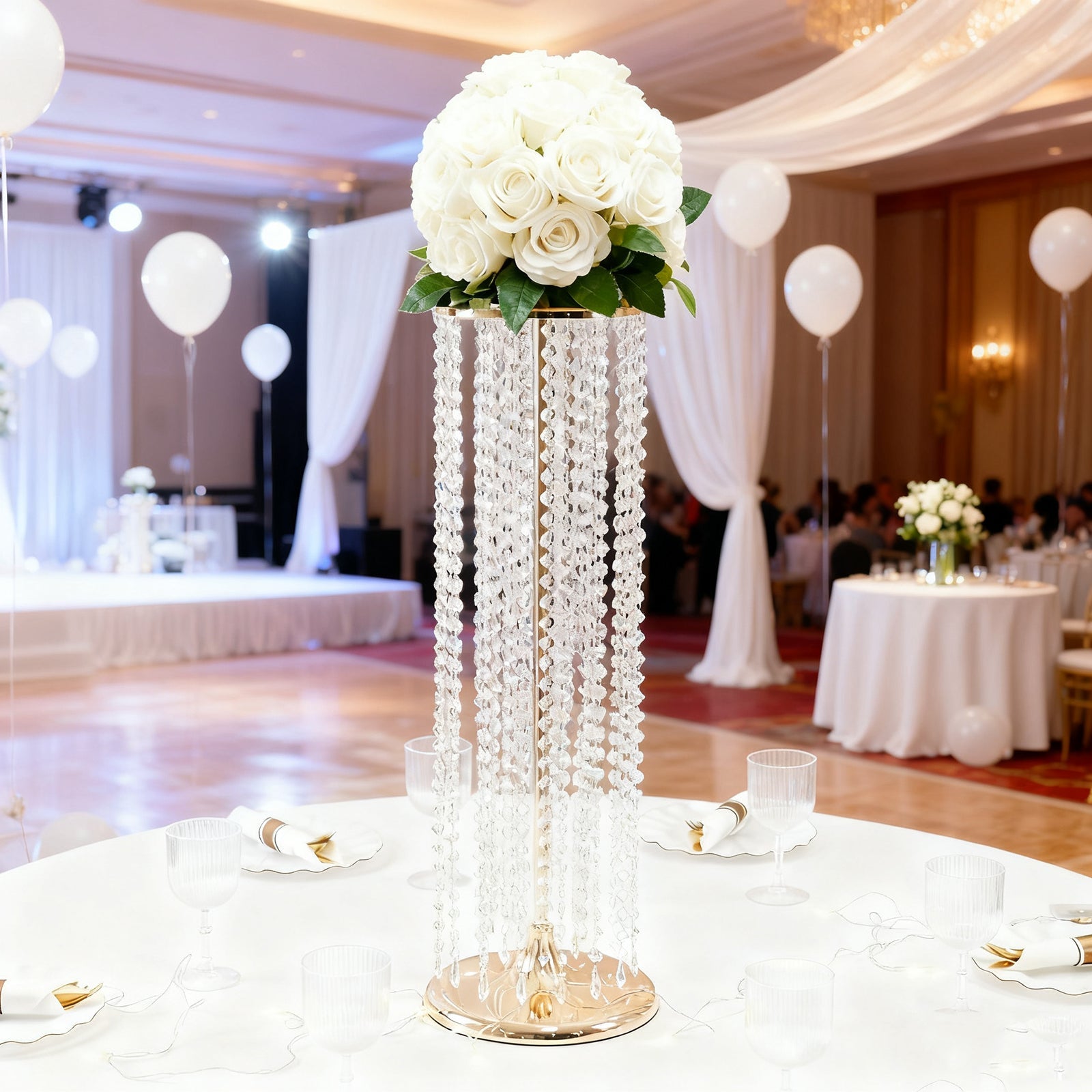 4-Pack Gold Metal Flower Stand Vases with Hanging Crystal Beads â€“ 32’’ Tall Decorative Column Centerpieces for Events