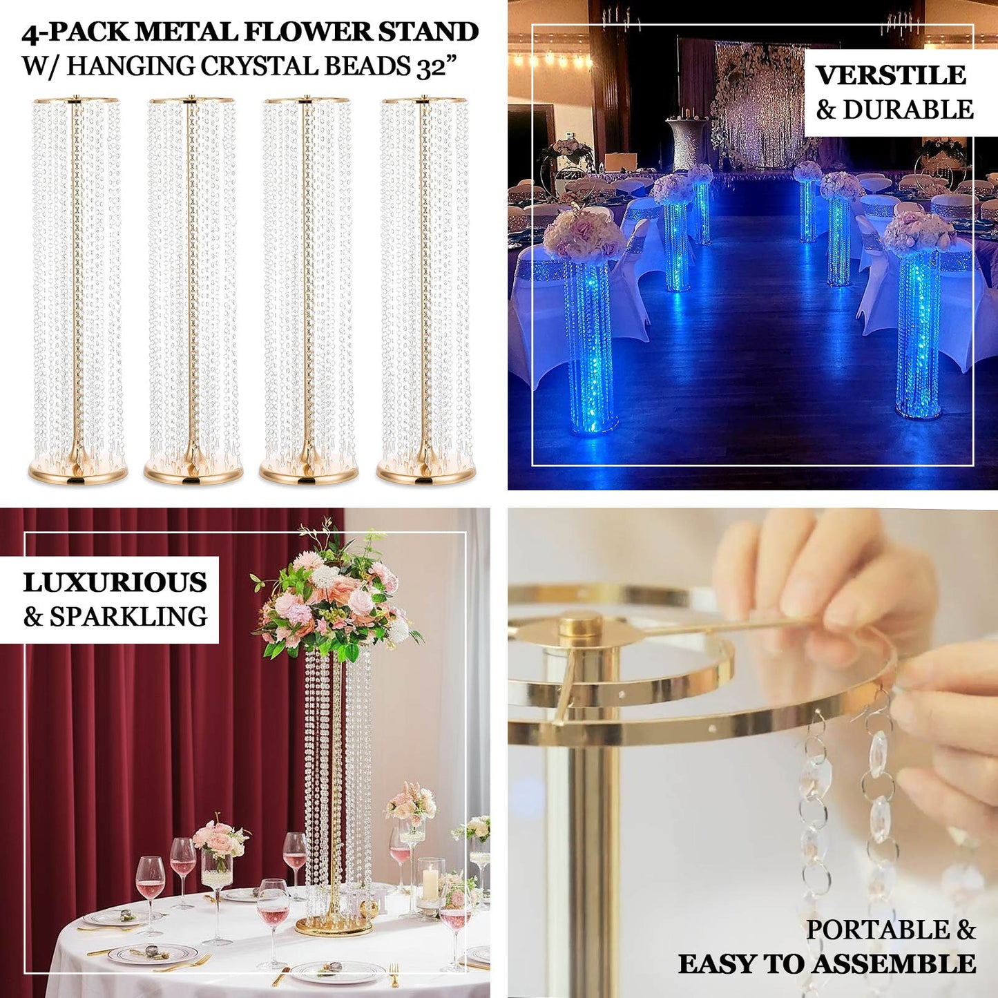 4-Pack Gold Metal Flower Stand Vases with Hanging Crystal Beads â€“ 32’’ Tall Decorative Column Centerpieces for Events