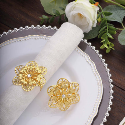 4 Pack Gold Metal Hollow Sun Flower Napkin Rings Modern Flower Shaped Napkin Bands - Napkins