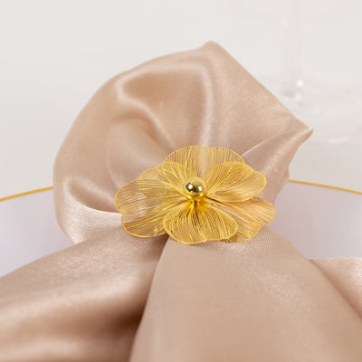 4 Pack Gold Metal Jasmine Flower Napkin Holders with Pearl Center Decorative Floral Napkin Ring Bands - 2’’ - Napkins