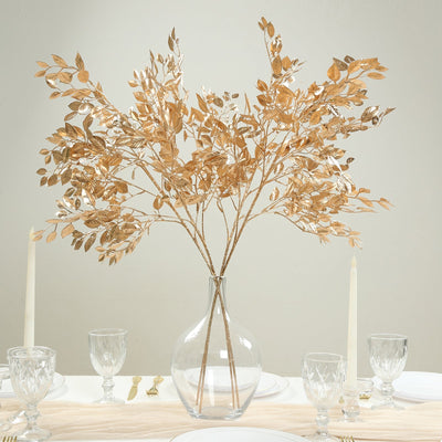 4 Pack Gold Metallic Artificial Leaf Sprays 33â€ â€“ Italian Ruscus Branches Plastic Greenery for Decorative