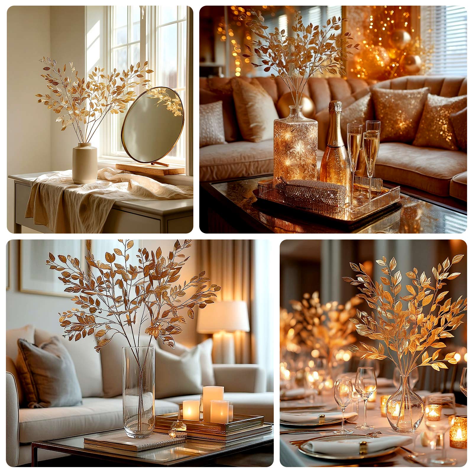 4 Pack Gold Metallic Artificial Leaf Sprays 33â€ â€“ Italian Ruscus Branches Plastic Greenery for Decorative