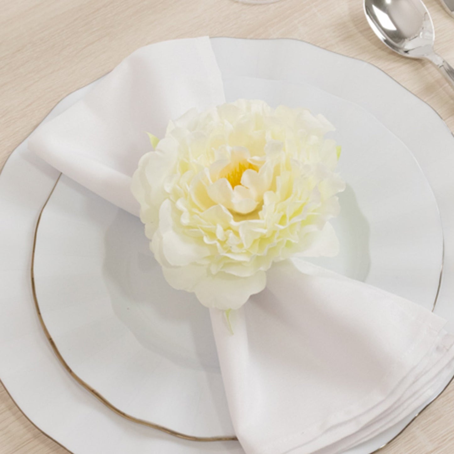 4-Pack Napkin Holders with Silk Peony Flower â€“ Ivory Floral Napkin Rings for Dining Table Settings