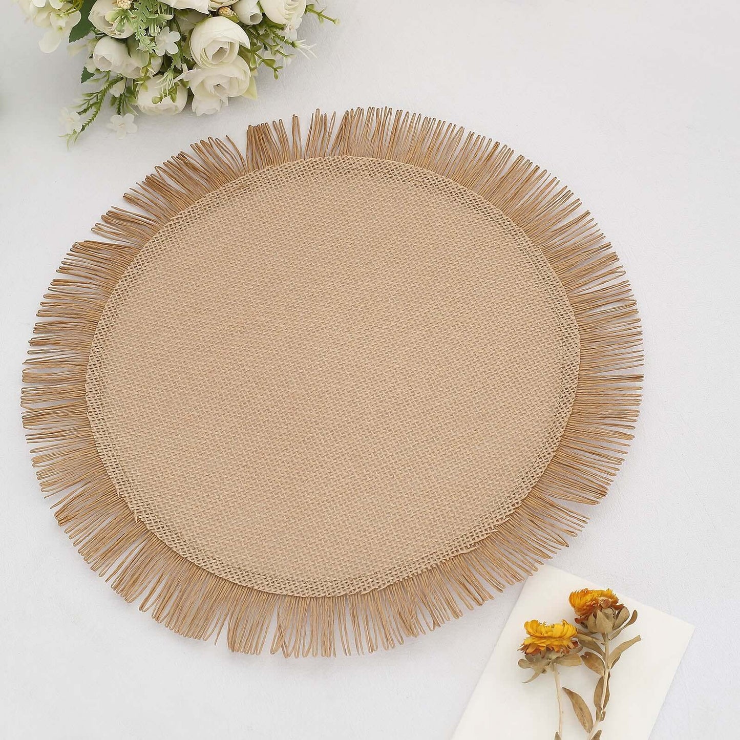 4-Pack Placemats Fringe Edge Design Natural Jute Round - Rustic Boho Chic Burlap Table Decor 16"