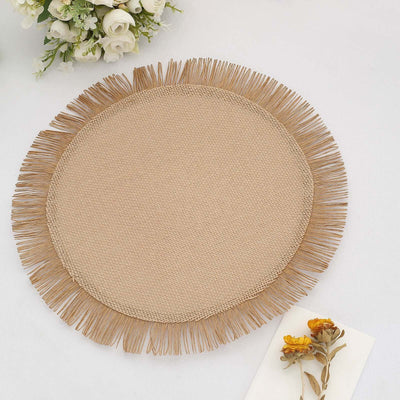 4-Pack Placemats Fringe Edge Design Natural Jute Round - Rustic Boho Chic Burlap Table Decor 16"