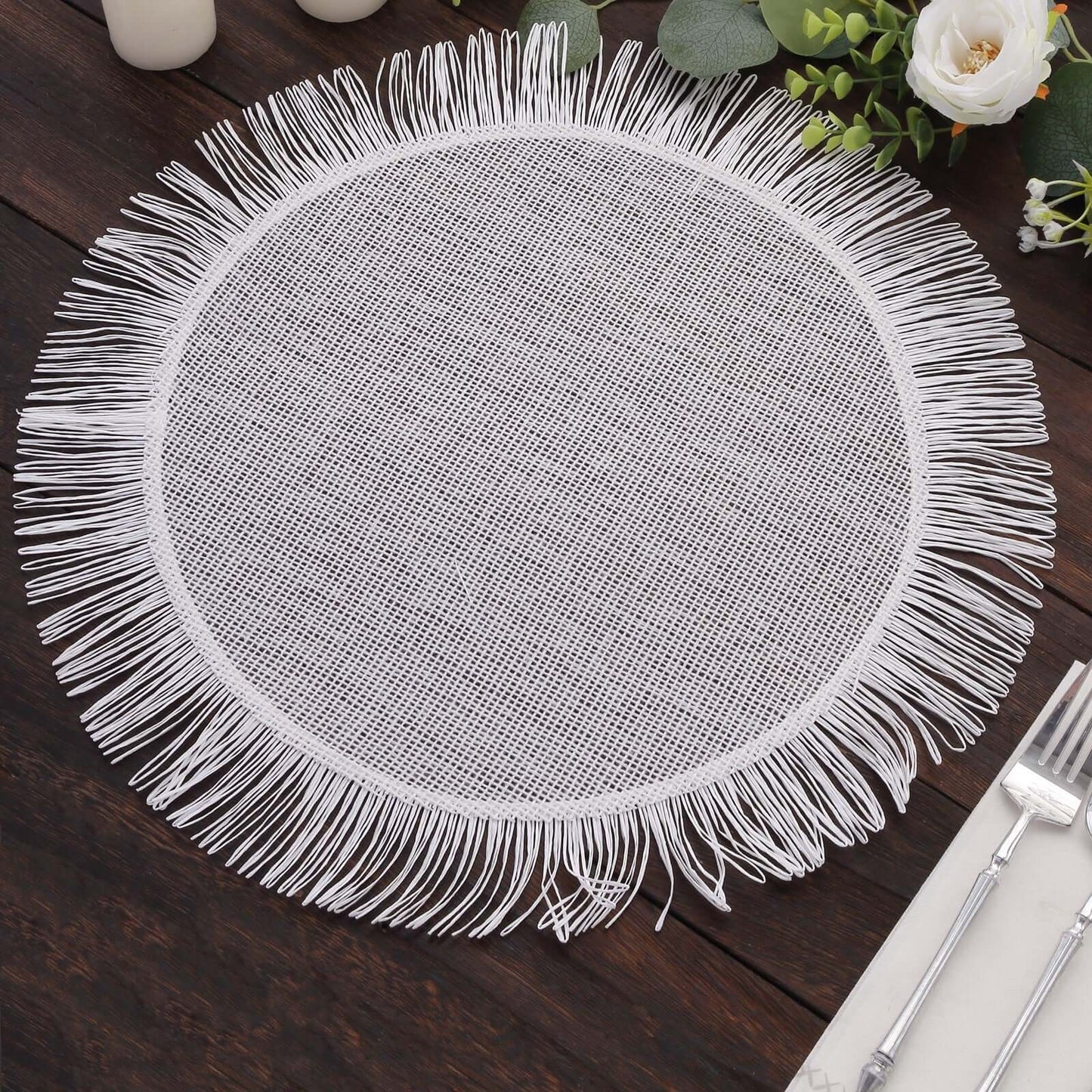 4-Pack Placemats Fringe Edge Design White Jute Round - Rustic Boho Chic Burlap Table Decor 16"