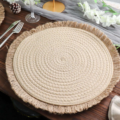 4-Pack Placemats Fringed Edge Design Natural Rustic Burlap Jute Round - Farmhouse Style Table Mats with Trim 15"