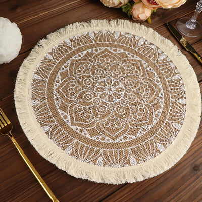 4-Pack Placemats Mandala Print Fringe Design Natural Jute and White Round - Rustic Burlap Tassel Style 15"