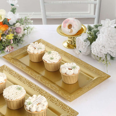 4-Pack Plastic 14’’ Rectangle Serving Trays Gold with Lace Rim - Chic Decorative Table Tray Platters for Buffets
