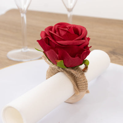 4 Pack Red Artificial Rose Flower Wooden Napkin Holders Farmhouse Country Floral Napkin Rings - 4’’ - Napkins