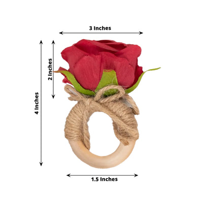 4 Pack Red Artificial Rose Flower Wooden Napkin Holders Farmhouse Country Floral Napkin Rings - 4’’ - Napkins