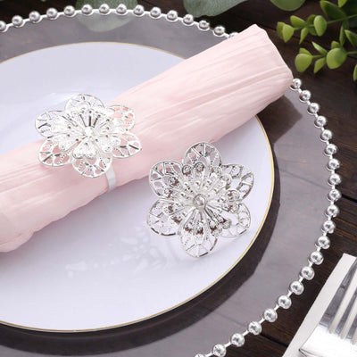 4 Pack Silver Metal Hollow Sun Flower Napkin Rings Modern Flower Shaped Napkin Bands - Napkins