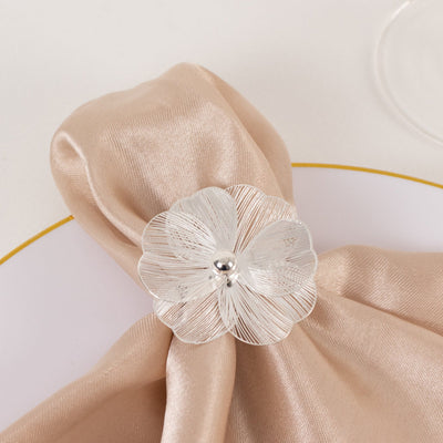 4 Pack Silver Metal Jasmine Flower Napkin Holders with Pearl Center Decorative Floral Napkin Ring Bands - 2’’ - Napkins