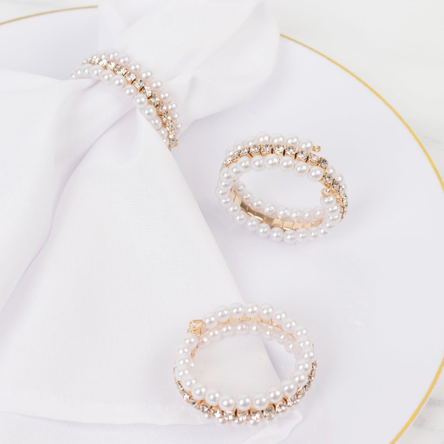 4-Pack White Pearl Rhinestone Napkin Holders, Elegant Round Napkin Rings - 2"