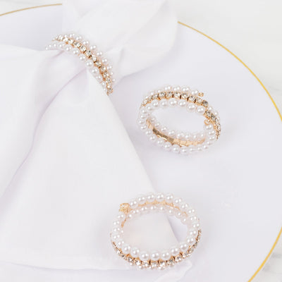 4-Pack White Pearl Rhinestone Napkin Holders Elegant Round Napkin Rings - 2’’ - Napkins