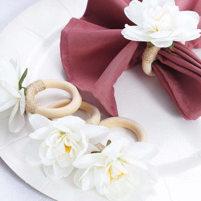 4 Pack White Silk Jasmine Flower Napkin Rings with Wooden Holder Rustic Boho Serviette Buckles with Artificial Flowers