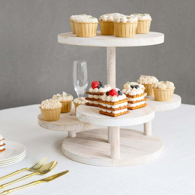 4-Tier Wooden Cake Stand Whitewash with Round Tiered Trays - Rustic Cupcake Tower Dessert Display 14’’ Tall - Cake