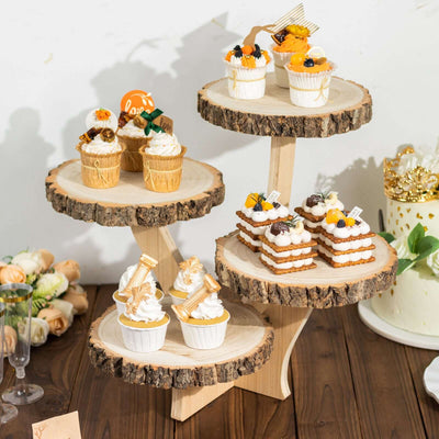 4-Tier Wooden Cupcake Stand Farmhouse Style Natural Wood Slice Design - Rustic Dessert Display Cake Holder 15’’ Tall