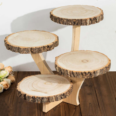 4-Tier Wooden Cupcake Stand Farmhouse Style Natural Wood Slice Design - Rustic Dessert Display Cake Holder 15’’ Tall