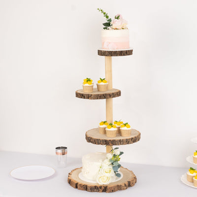 4-Tier Wooden Cupcake Tower Stand Rustic Natural Wood Slice Design - Farmhouse Style Dessert Display 29’’ - Cake Stands