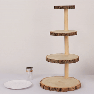 4-Tier Wooden Cupcake Tower Stand Rustic Natural Wood Slice Design - Farmhouse Style Dessert Display 29’’ - Cake Stands
