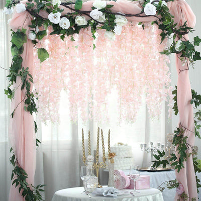 42" Silk Hanging Wisteria Flower Garland Vines in Blush, Elaborated 5 Full Strands in 1 Bush
