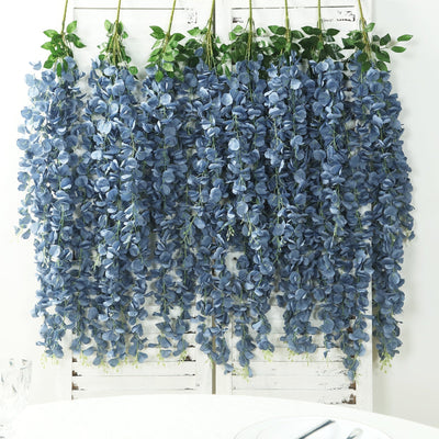 42’’ Silk Hanging Wisteria Flower Garland Vines in Dusty Blue Elaborated 5 Full Strands in 1 Bush - Flower Garlands