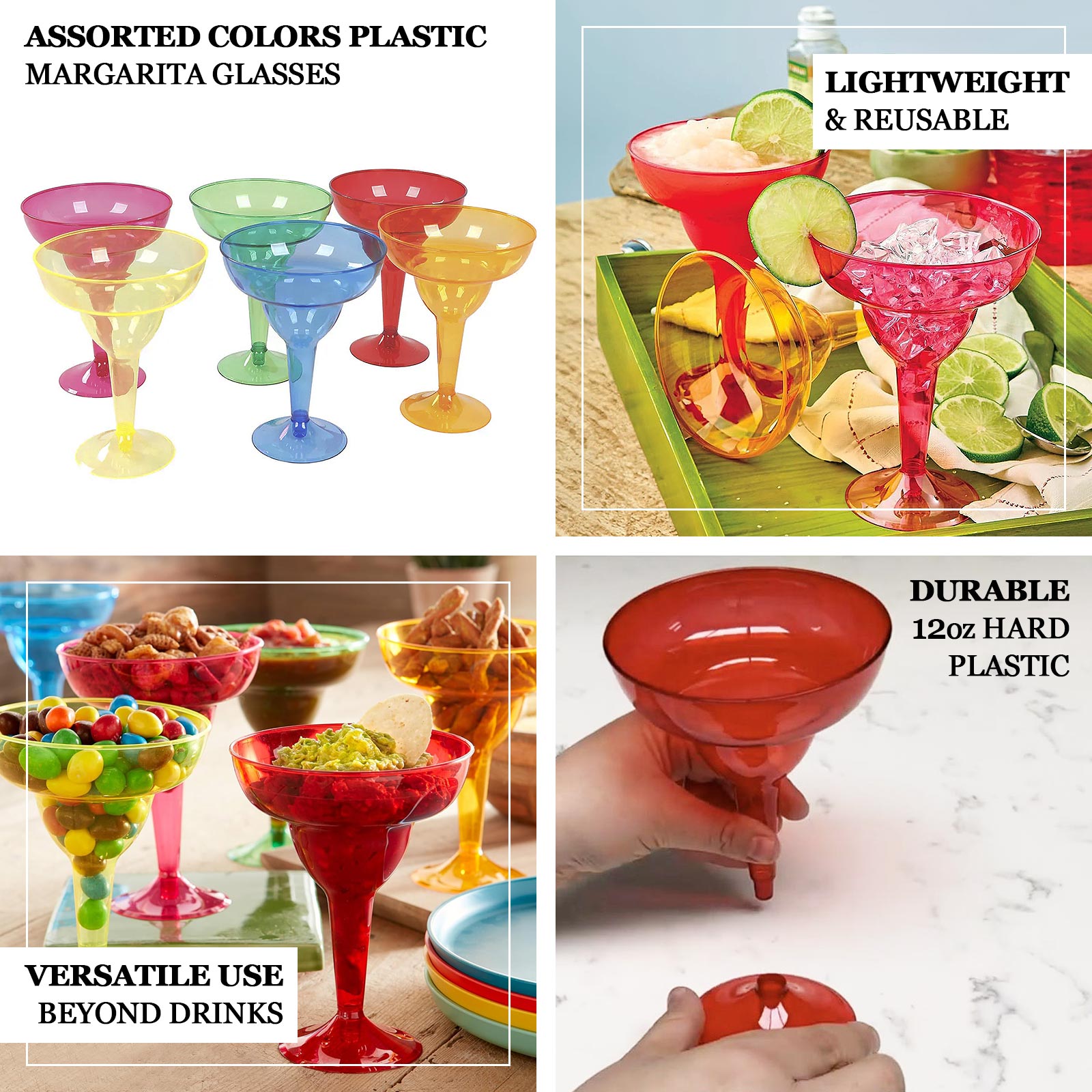 48-Pack 12oz Plastic Margarita Glasses - Assorted Colors Reusable Cocktail Cups for Parties Fiesta & Frozen Drinks
