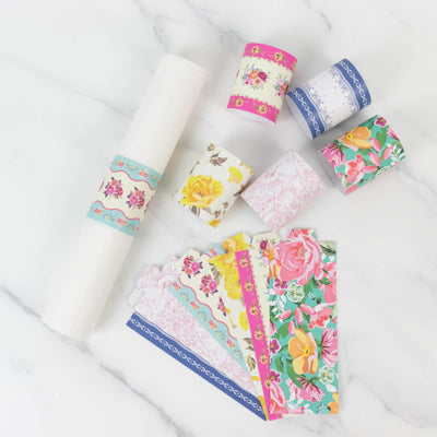 48-Pack Disposable Napkin Rings in Mixed Vintage Floral â€“ Elegant Paper Napkin Holder Bands for Tea Parties Weddings