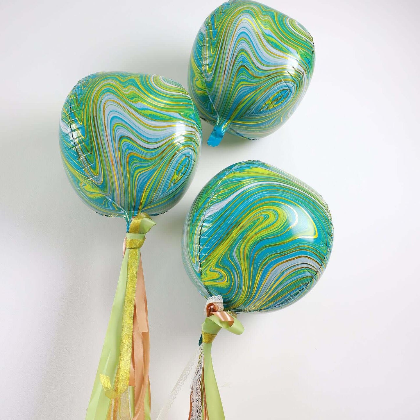 3 Pack 13" Green Gold Marble Orbz Foil Balloons, 4D Sphere Mylar Balloons